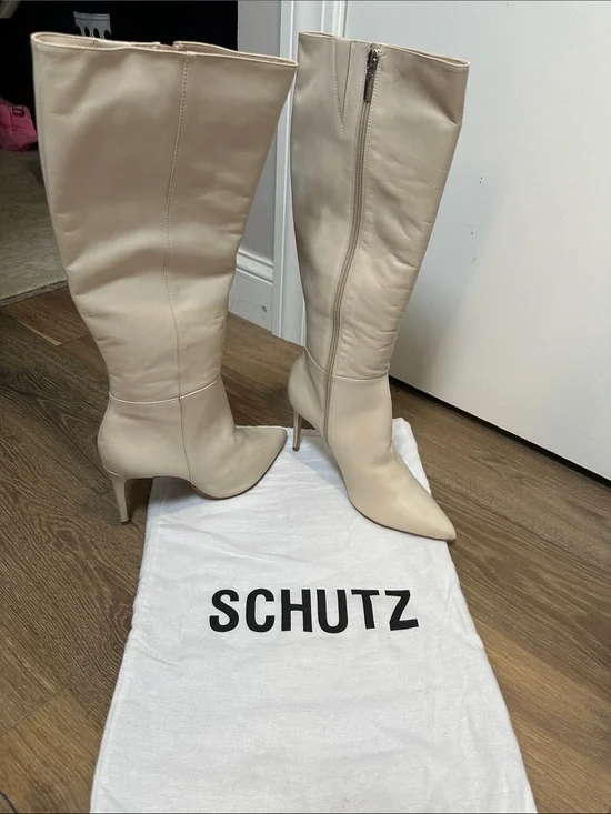 SCHUTZ Over-the-Knee Pointed Toe Stiletto Boots in Light Beige (11)