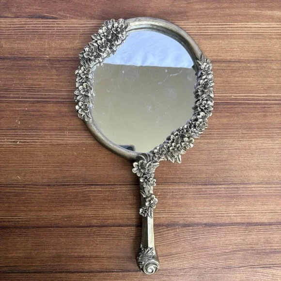 Vintage Ornate Floral Hand Mirror Silver Tone Cast Resin Vanity Mirror 12.5 Inch