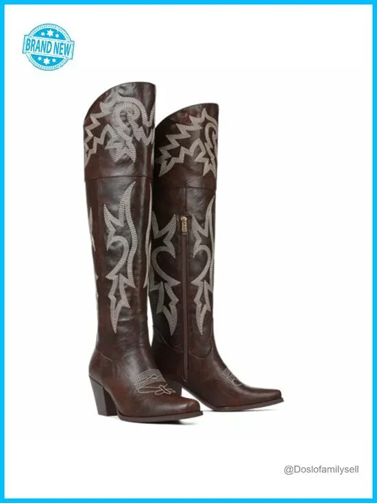 Over the Knee Boots Pointed Toe Chunky Heel Embroidered Western Boot PU