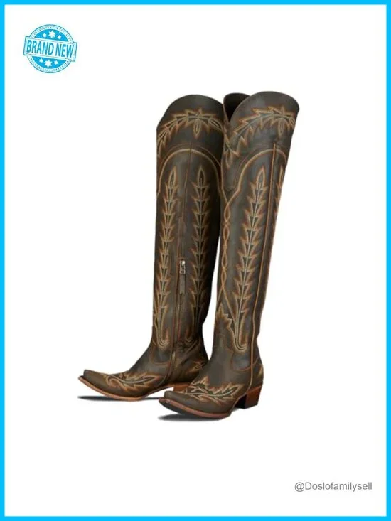 Over the Knee Embroidery Cowboy Boots Chunky Heel Side Zipper PU Leather Thigh
