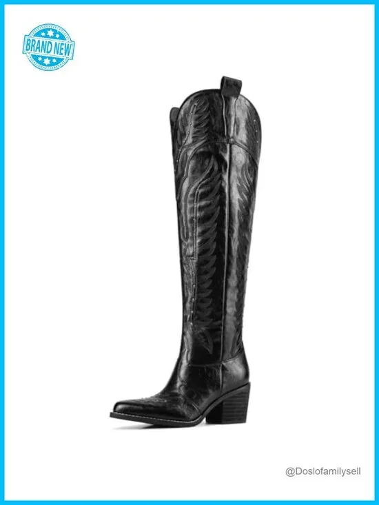 Embroidered Over the Knee Cowboy Boots Wide Calf Chunky Heel Pointed Toe