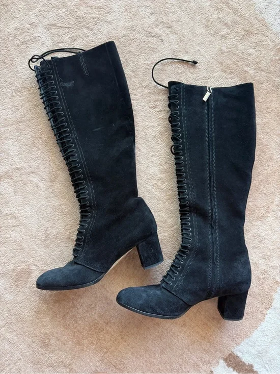 Theory Black Suede Over-the-Knee Lace-Up Boots