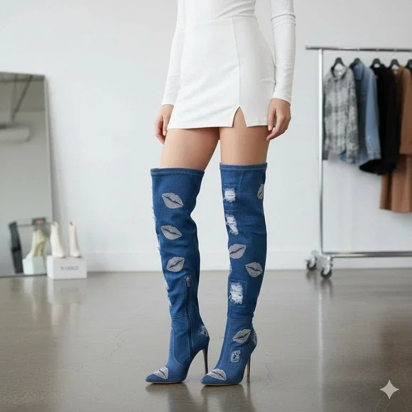 Cape Robbin Distressed Denim Rhinestone Thigh High Stiletto Boots Size‎ 7 NIB