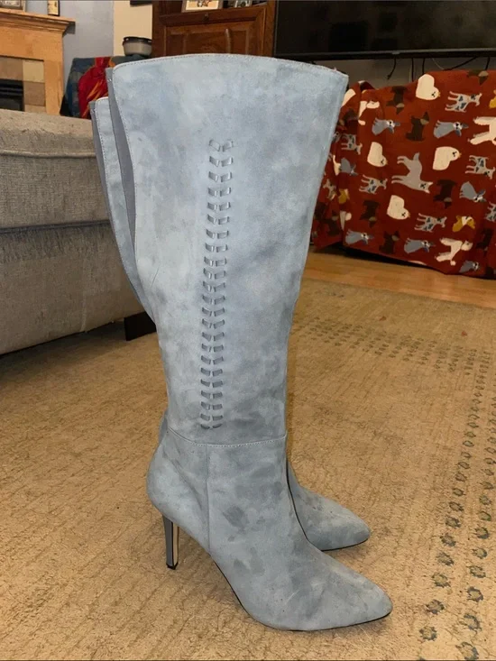White House Black Market Light Blue Suede Over-the-Knee Stiletto Boots, Size 9M