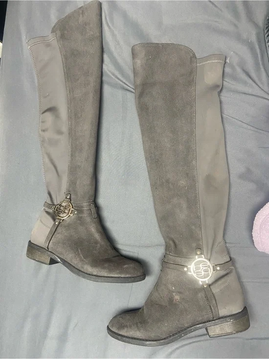 bebe Gray Over-the-Knee Suede and Stretch Riding Boots with Gold Buckle