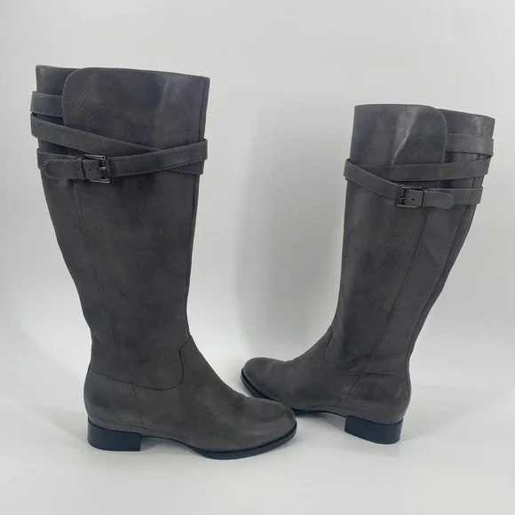 ECCO Sullivan Riding Boots  Gray Leather Knee High Zip up‎ Women's 38/ 7.5