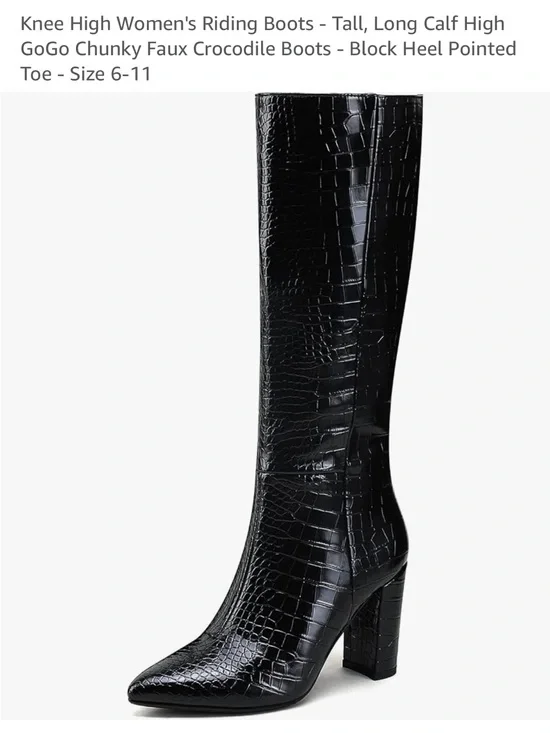 GOGO Black Faux Crocodile Over-the-Knee Pointed Toe Boots