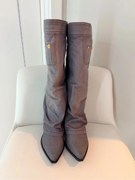 NWT / New Without Box Over-The-Knee Fake Jean Pointed Toe Boots Grey Gold Accent