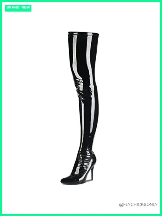 Patent PU Thigh High Boots Pointy Toe Stiletto Heels Over the Knee Side Zip