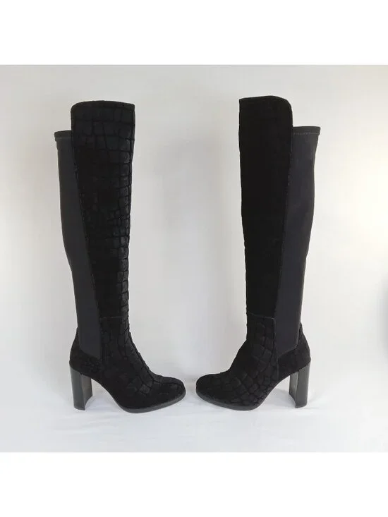 Stuart Weitzman Black Velvet Embossed Over Knee Block Heel Stretch Boots SIZE 6