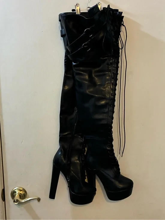 Black Lace-Up Over-the-Knee Platform Boots - Women