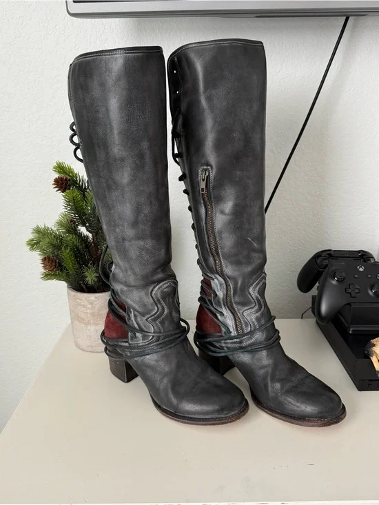 Freebird by Steven Tall Black Leather Boots with Red Heel Accent