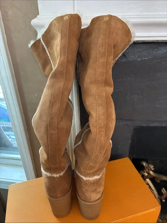 UGG Tall Suede Shearling-Lined Boots in Chestnut