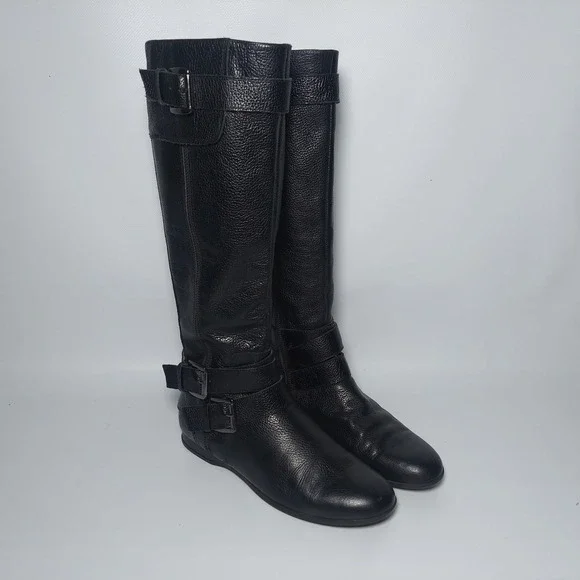 Enzo Angiolini Leather Boots Women 7.5 Black Calf High Riding Buckle Zip Fashion