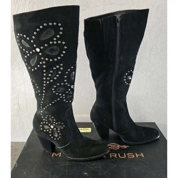 Colin Stuart Studded Black Suede Knee High Boots, women's size 8M