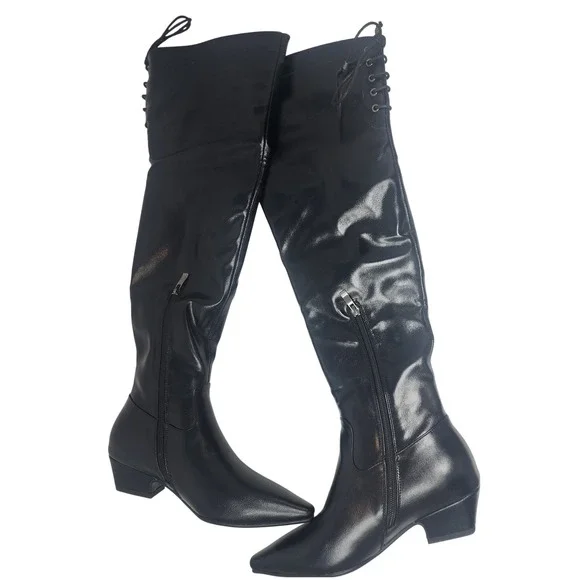 Black Faux Leather Pointed Toe Over The‎ Knee Boots Lace Up Side Zip Size 6