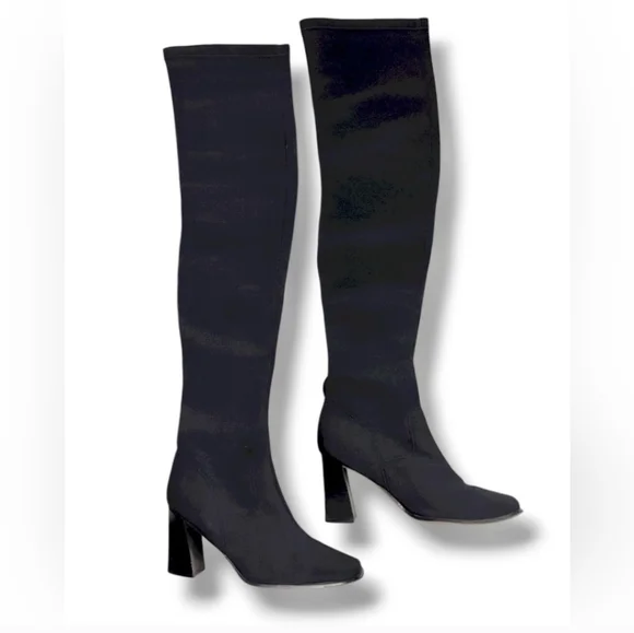 PAZZO Black Stretch Fabric Over the Knee Block Heel Boots