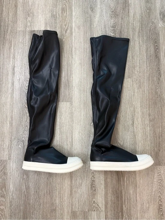 Rick Owens Black Over-the-Knee Leather Boots with White Soles