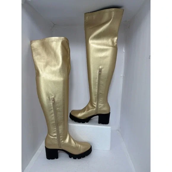 Metallic Gold Over The Knee Lug Sole Block Heel Boots Womens Size 7 37