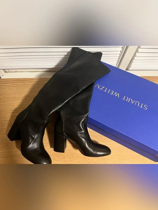 Stuart Weitzman Black Over-the-Knee Leather Block Heel Boots