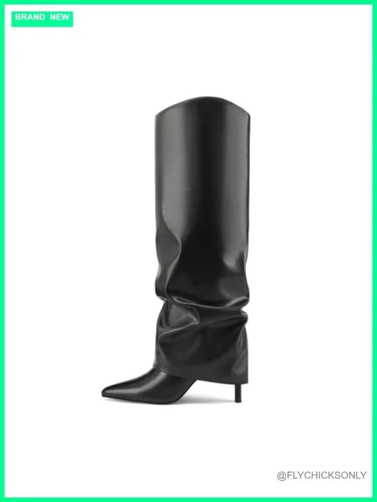 Fold Over Knee High Pointed Toe Slouch Boots Stiletto Heel Side Zipper Faux