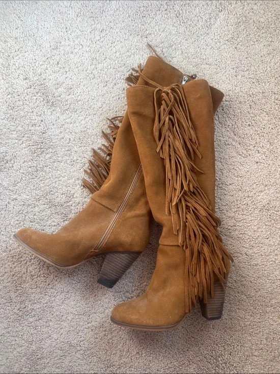 Steve Madden Cognac Suede Fringe Over-the-Knee Boots