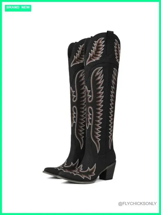 Vintage Over The Knee Cowboy Boots Chunky Heel Western Embroidery Zipper