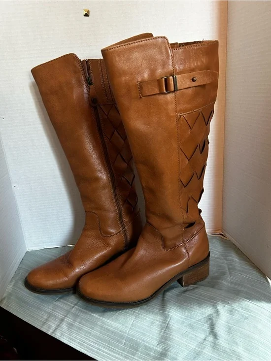 Women's Over-the-Knee Tan Leather Boots with Woven Side Detail