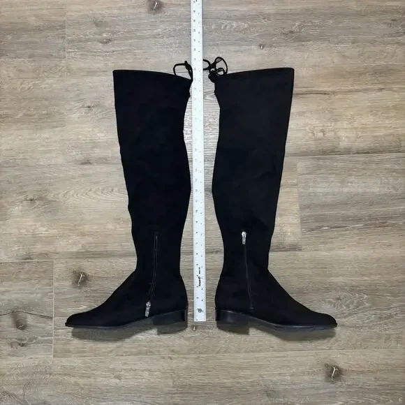 Marc Fisher Black Faux Suede Over The Knee Boots Flat Round Toe Size 8M Tie Back
