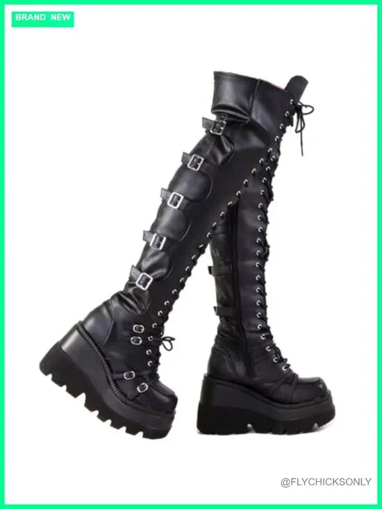 Over the Knee Thigh High Platform Boots Chunky Heel Lace Up Side Zip Motorcycle