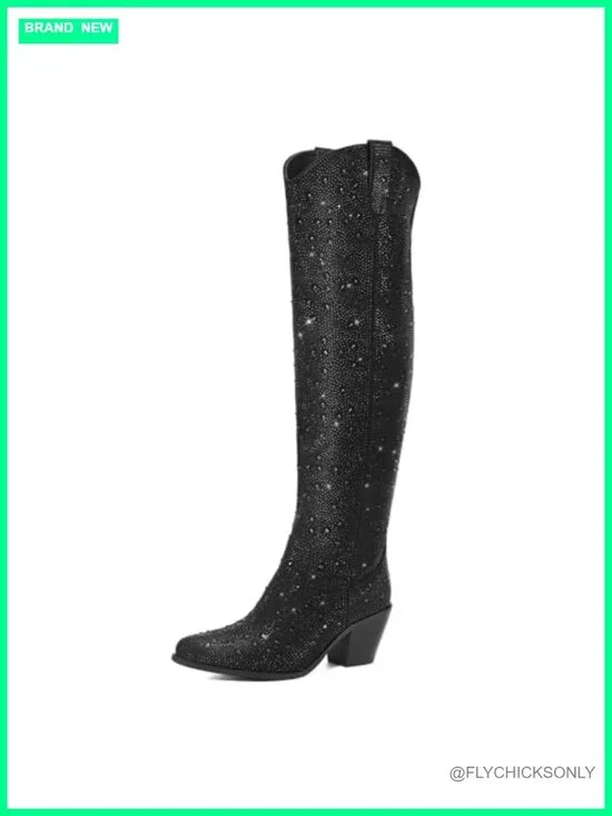 Sparkly Rhinestone Over the Knee Cowgirl Boots Pointed Toe Chunky Heel