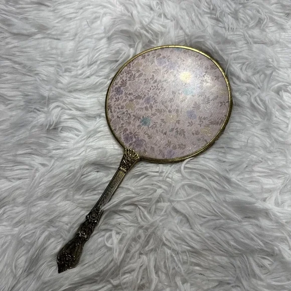 Antique Art Nouveau Handheld Vanity Mirror w/ Floral Brass Design‎ Mid Century