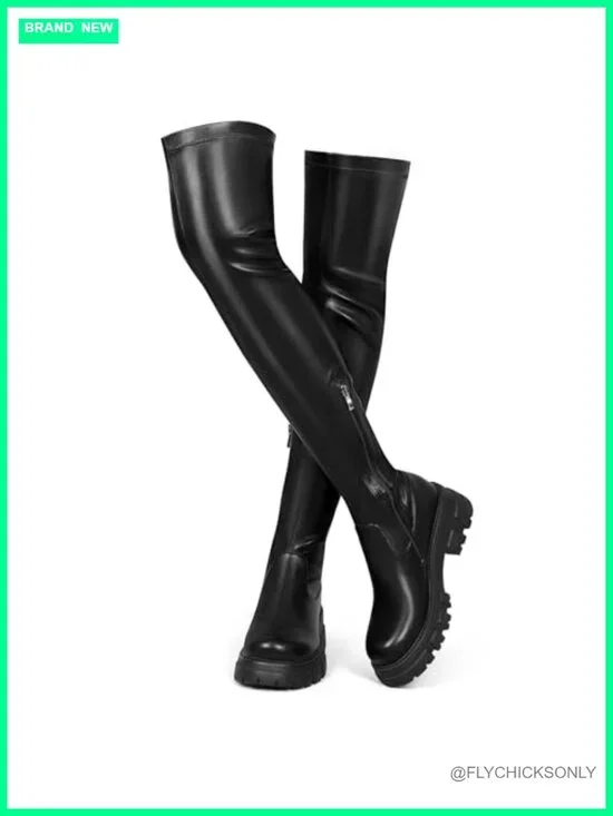 Platform Over the Knee Boots Lug Sole Thigh High Stretch Boots Heel Zip