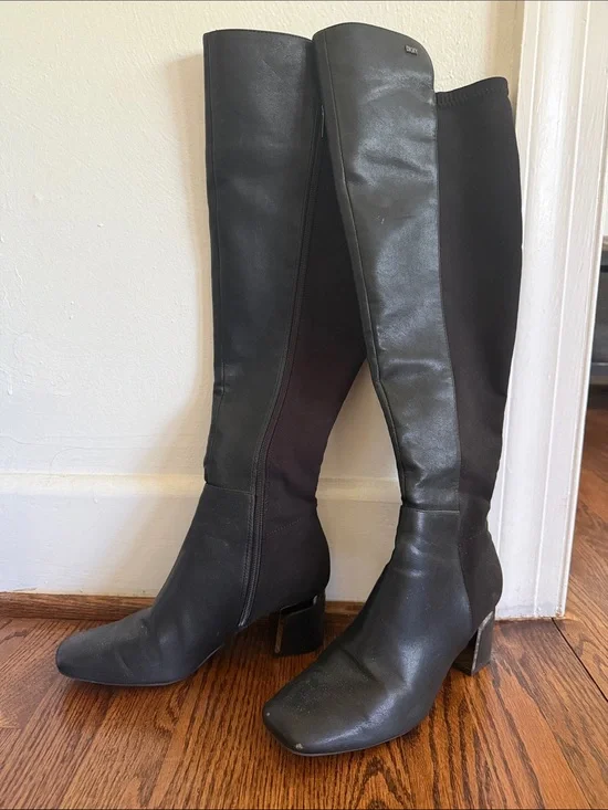 DKNY Black Over-The-Knee Leather and Stretch Boots