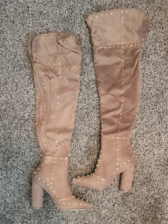 NWOT VENUS Taupe Studded Over-the-Knee Block Heel Boots