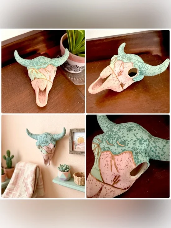 Southwest Native Ceramic Cow Bull Buffalo Skull Small Wall Hanging Sculpture Vtg