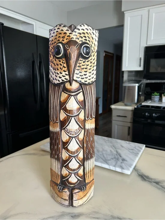 Hand-Carved Wooden Owl Tiki Statue - Brown & Cream