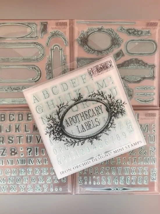 New!  IOD Apothecary Labels Clear Stamp Set -  Oval Alphabet