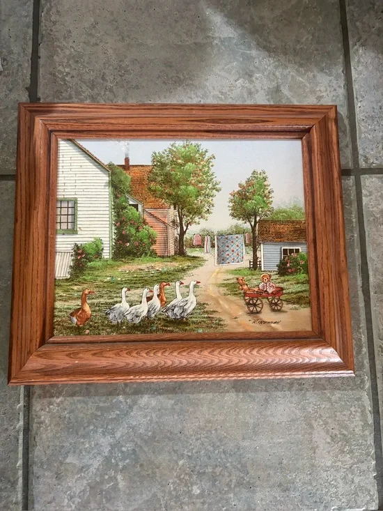 Vintage R Russell farmhouse scene framed art