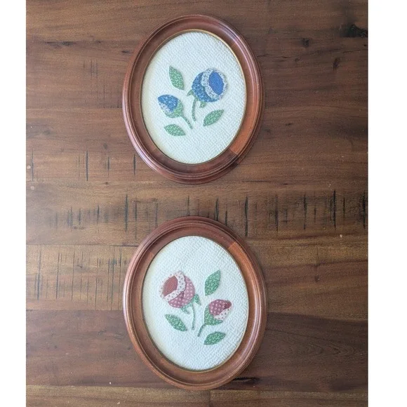 Vtg Handmade Framed Fabric Art Blue Pink Quilted Floral Cottagecore Set of 2