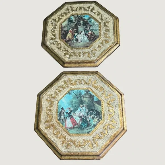Vintage Pair Italian Florentine Octagonal Wood Wall Plaques Hanging