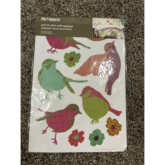 Pier‎ 1 Imports 22 Piece Bird Pink Green Peel and Stick Wall Appliqué Decal NEW