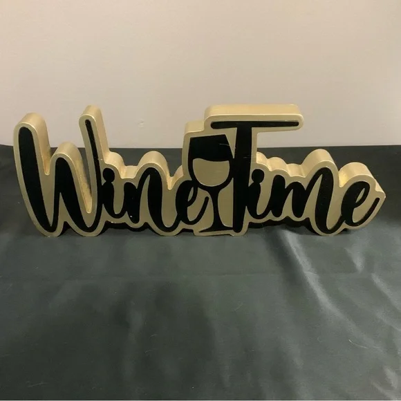 Wine Time Black & Gold Tabletop Sign | Bar Cart Decor Wine Lover Gift