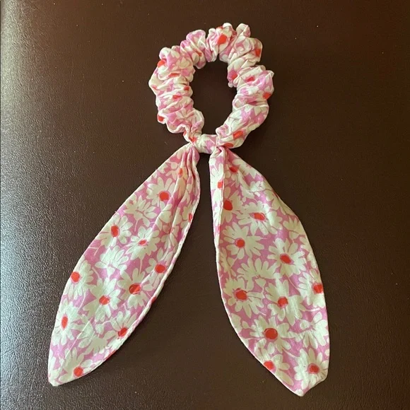 Floral Pink Hair Scrunchie with Bow