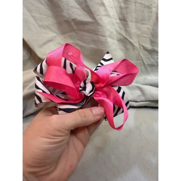 Girls Pink and Zebra Stripe Layered Grosgrain Hair Bow Alligator Clip Accessory
