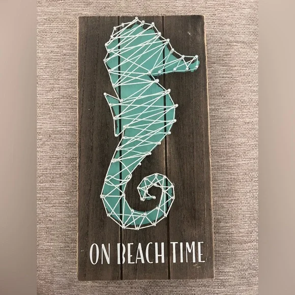 Coastal Seahorse String Wall Art Wood Sign - On Beach Time Decor Rustic Nautical