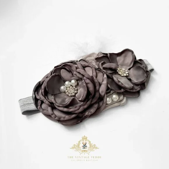 NWT Pretty Vintage Inspired Girls Headband Floral Beaded Feathers Gray OS
