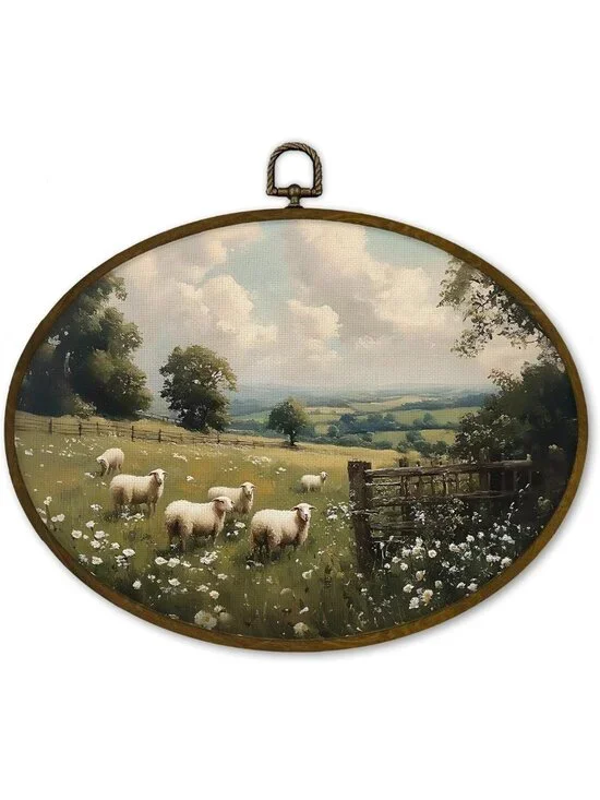 Rustic Farmhouse Sheep Wall Art Decor - Framed Canvas Print for Cottagecore