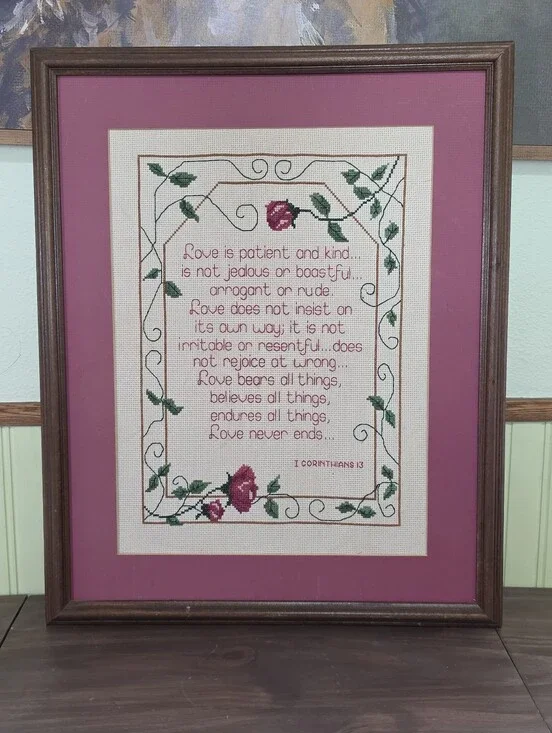Vintage Framed & Matted Cross Stitch Verse 1 Corinthians 13 