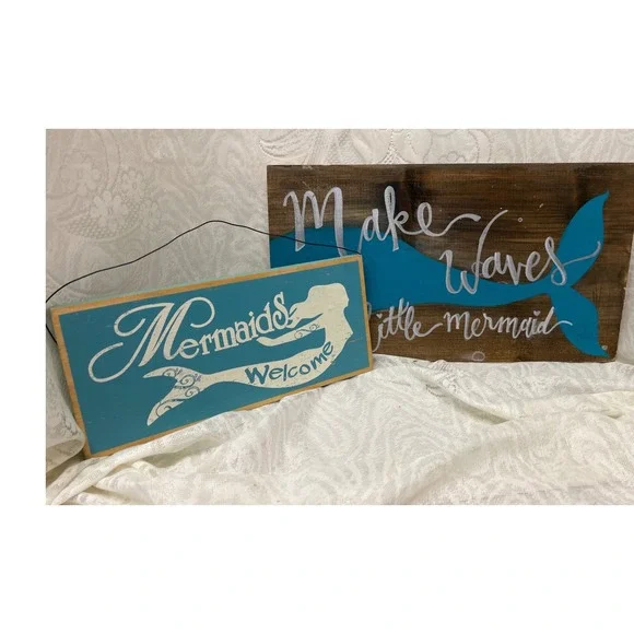Hand Painted Wood Mermaid Wall Art Signs Set 2 Make Waves Mermaids Welcome Teal